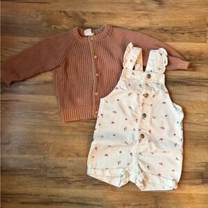 Cream Overalls with Floral Print And Cardigan